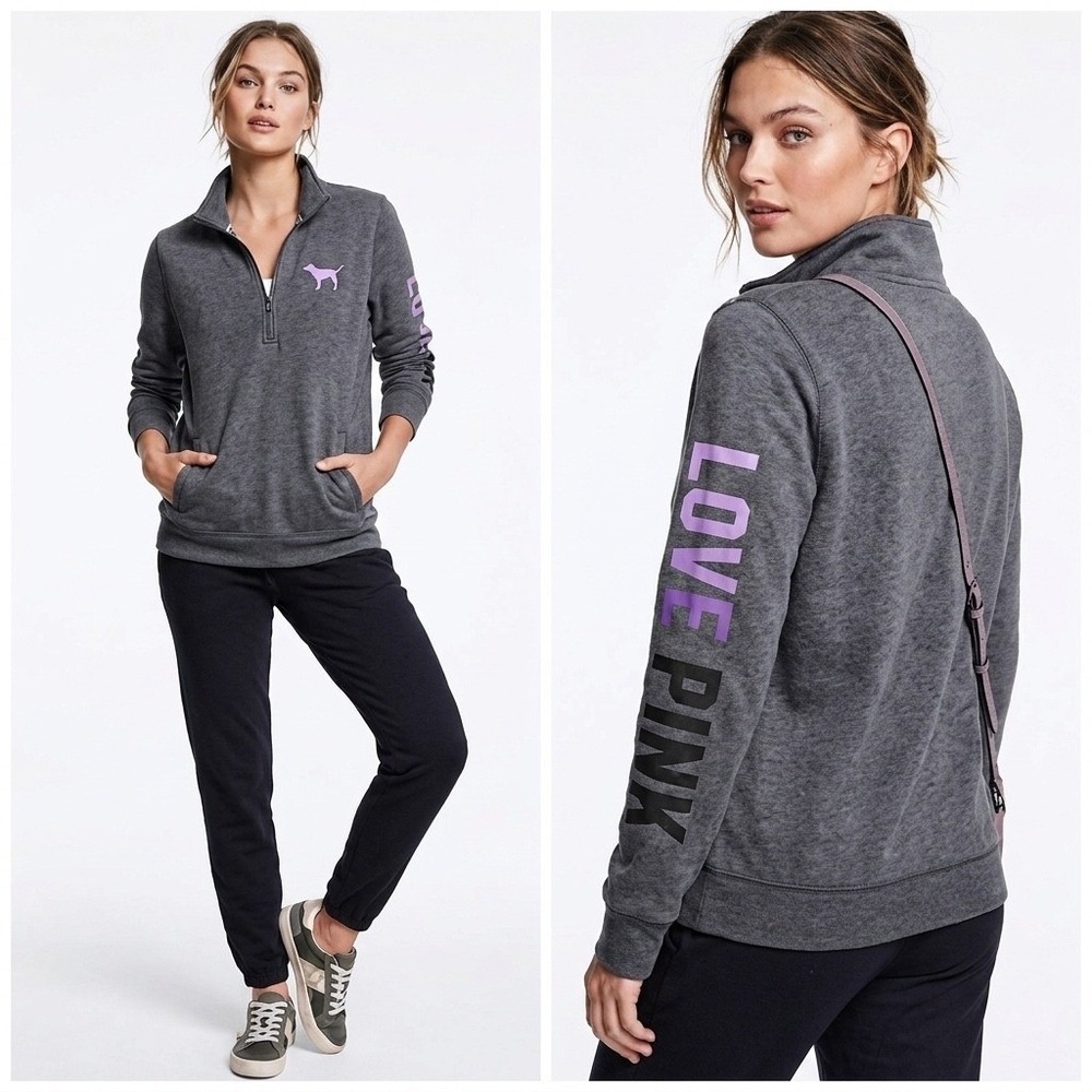 Victoria's Secret PINK 1/4 Zip Sweatshirt Womens Gray Logo Pullover Medium